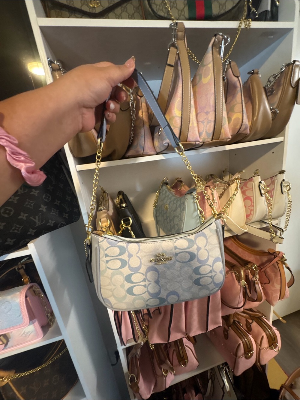 Coach Shoulder Bag in Light Blue and White with Gold Hardware